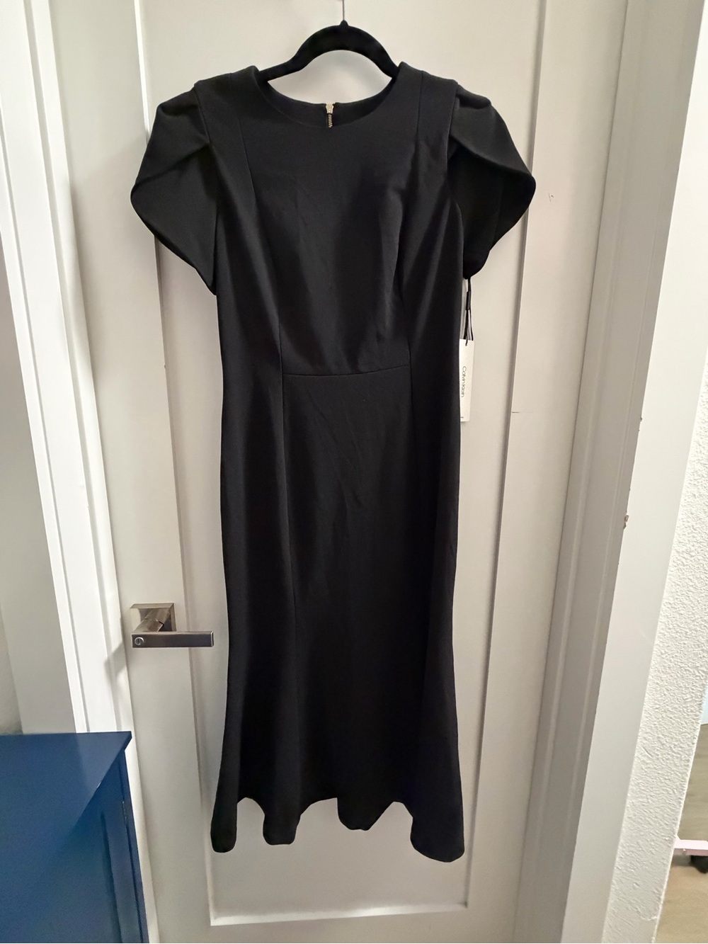 Calvin Klein Black Midi Dress with Puff Shoulders